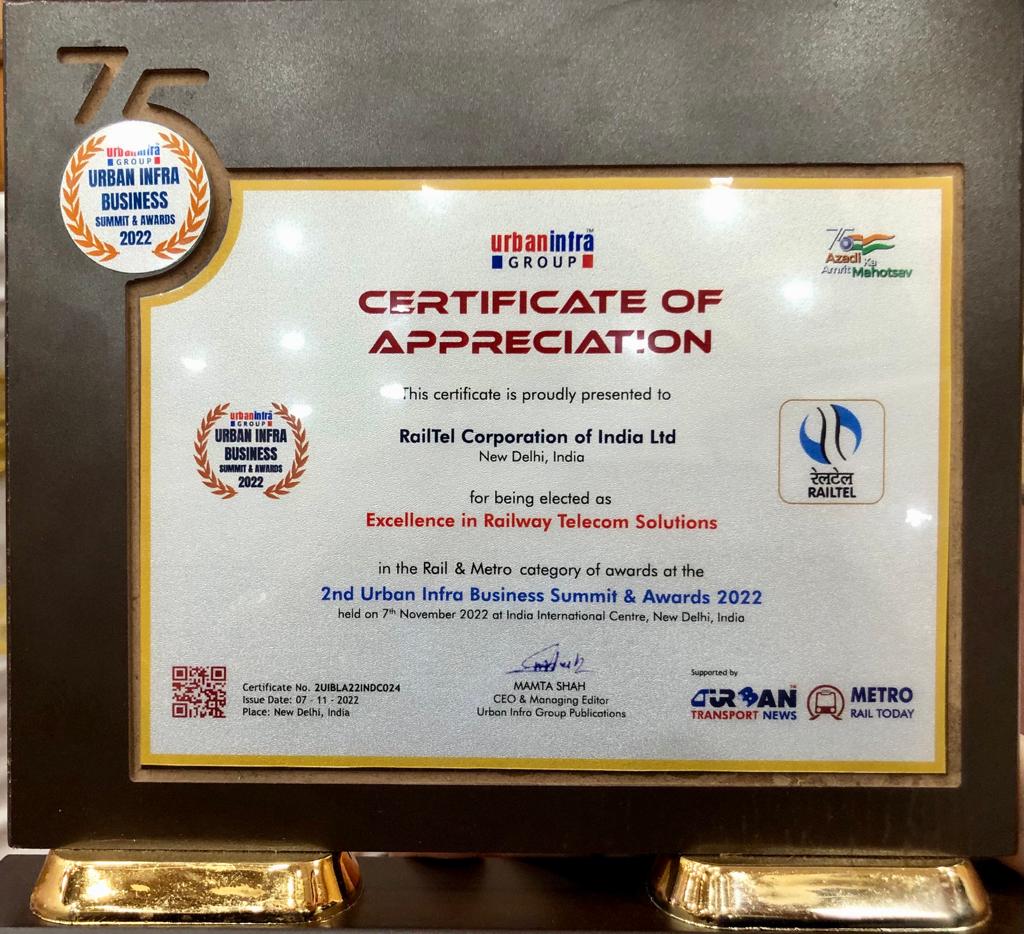 RailTel has been conferred with the  'Excellence in Railway Telecom Solutions' in the  2nd Urban Infra Business Summit  and Awards 2022.